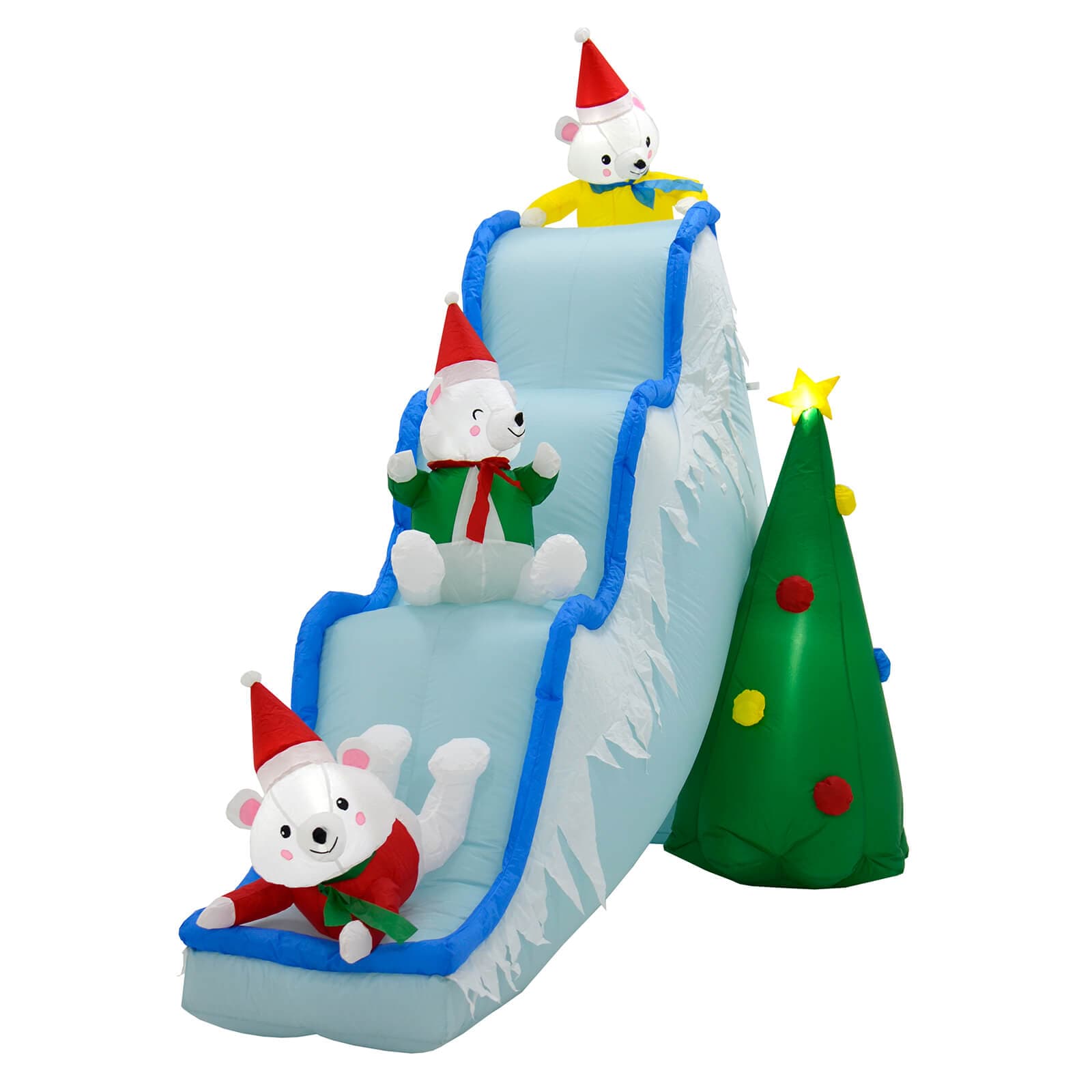 Large Christmas inflatable garden decoration with 3 polar bears wearing red hats on a slide with Christmas tree